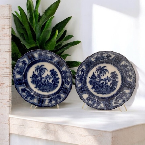 Antique Pair English Kyber Flow Blue Serving Bowls By W Adams And Co. Set of Two - Picture 5 of 12